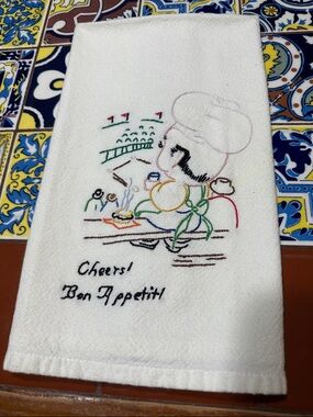 Vintage Embroidered Chef Tea Towel - "Cheers! Bon Appetit"